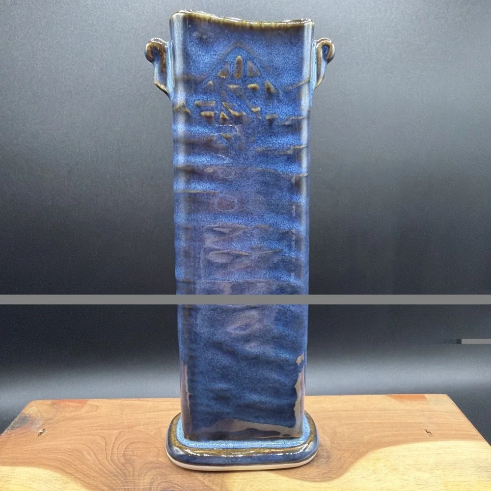 VTG Studio Art Pottery Handmade Blue Ceramic Bud Weed Vase Delicate Signed